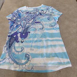 CHICO'S Women's Blue/White Graphic Print Short Sleeves Tee-Shirt- Medium